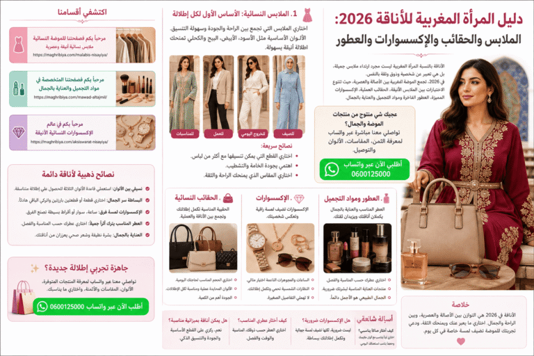 Lire la suite à propos de l’article دليل المرأة المغربية للأناقة 2026: الملابس والحقائب والإكسسوارات والعطور