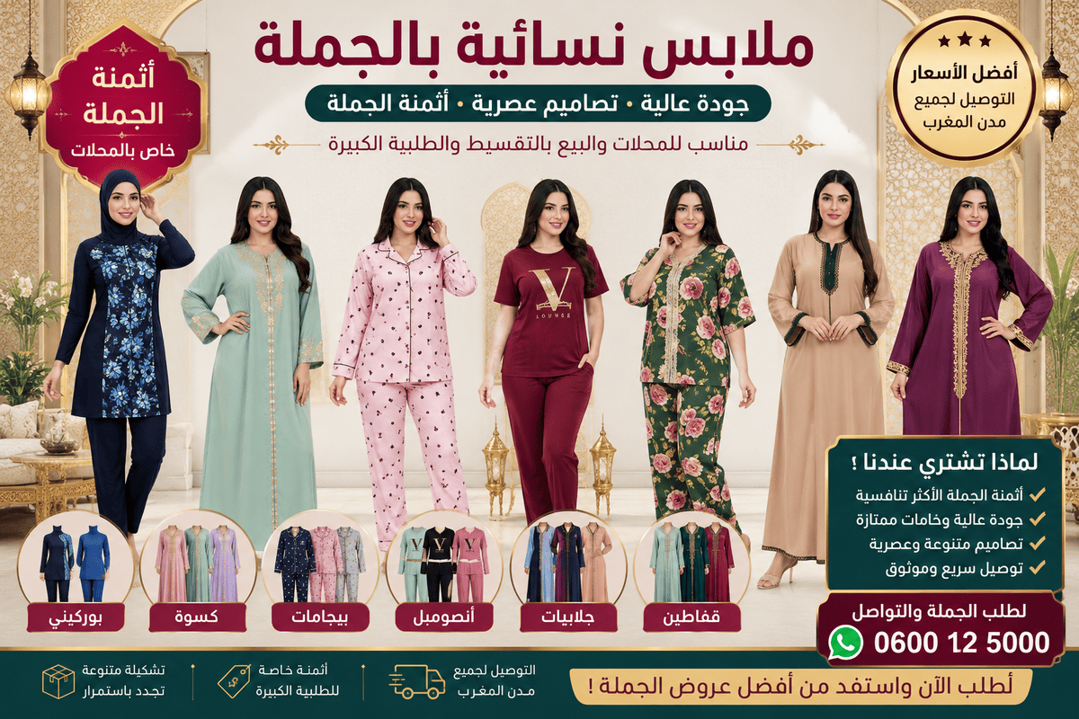 You are currently viewing ملابس نسائية بالجملة فالمغرب: بوركيني، كسوة، بيجامات، أنصومبل وقفاطين بأثمنة الجملة